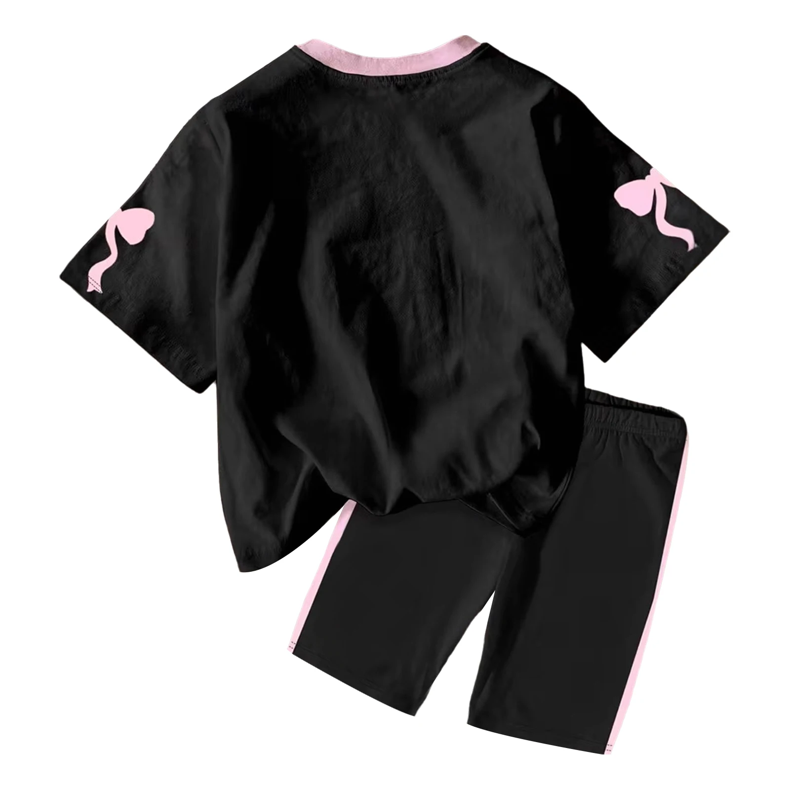 Kids Girls Sports Warm-up Fitness Costume Color Block Round Breathe Neck Short-sleeve Bowknot Number Printed T-shirt with Shorts view 4