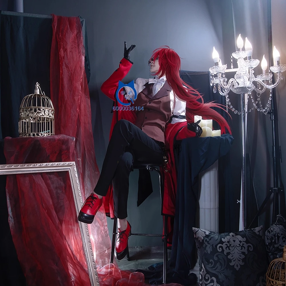 

Hot Black Butler Cosplay Costume Anime Grell Sutcliff Role Playing Red Uniform Outfit Men Comic Con Halloween Party Suits Wig