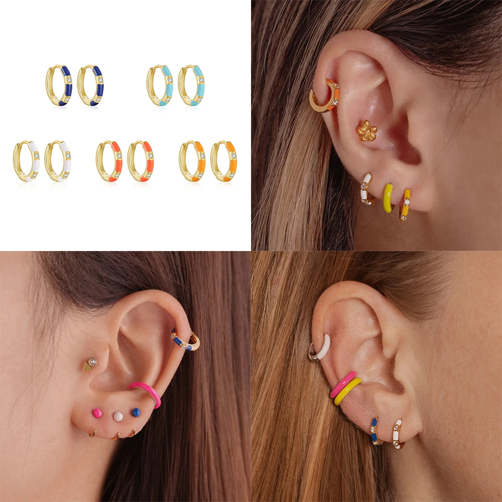 Colorful Enamel Zircon Splicing Hoop Earring For Women Genuine 925 Sterling Silver Gold Color Circle Earring Fine Jewelry