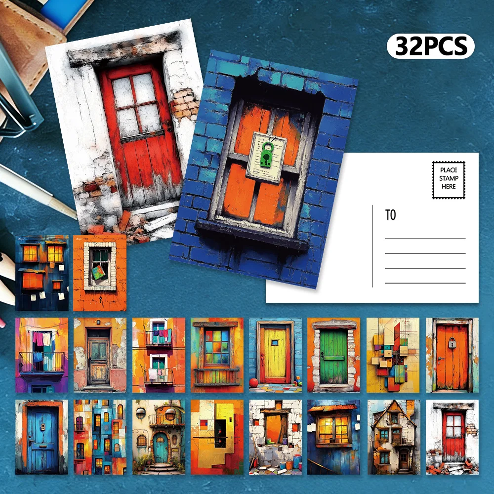 32pcs, color-block door postcards, decorative/greeting cards/postcards, high-precision printing, collectible and mailable