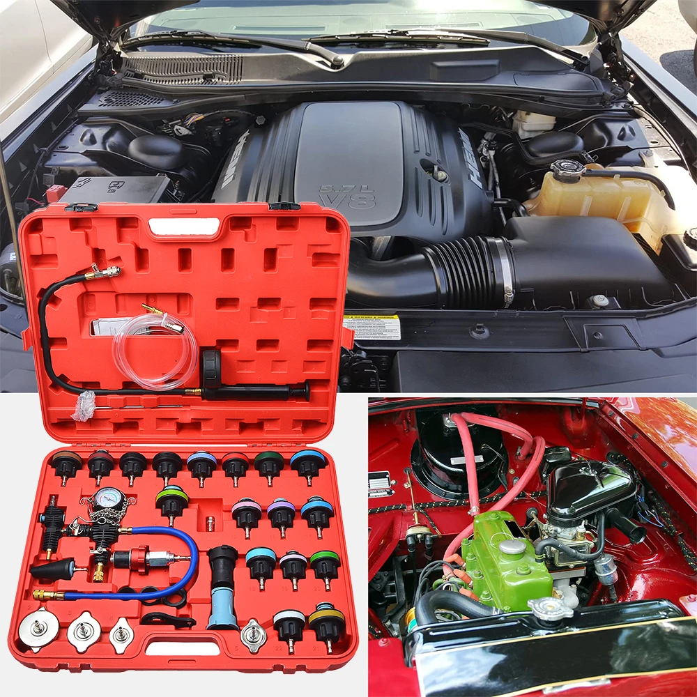 Image of Degreat 34-teiliges Kühlerpumpen-Druckprüfgerät und Kühlmittel-Vakuum-Nachfüllwerkzeug-Set für die Lecksuche und pneumatische Reinigung des Kühlwassersystems im Automobilbereich