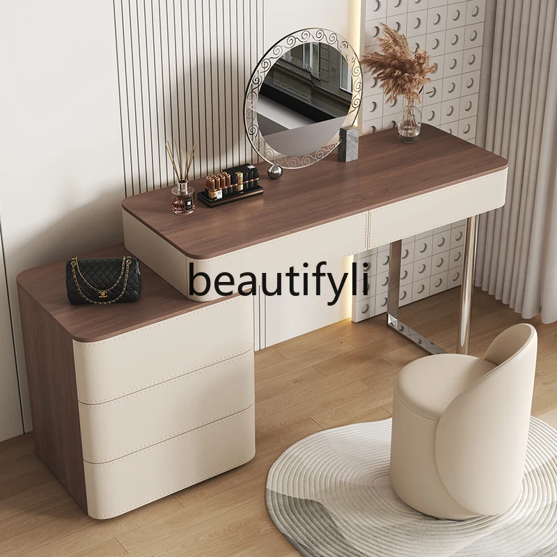 

Light luxury dresser bedroom modern simple high-end French retro style saddle leather storage cabinet, makeup table