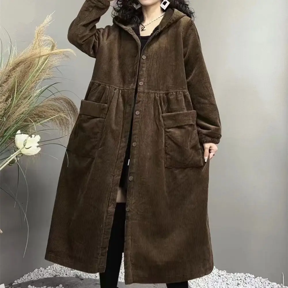 2026 Autumn and Winter Thick Coat Fashion Large Brown Windbreaker Big Pocket Women\'s Loose Versatile Corduroy Hooded Coat 6XL