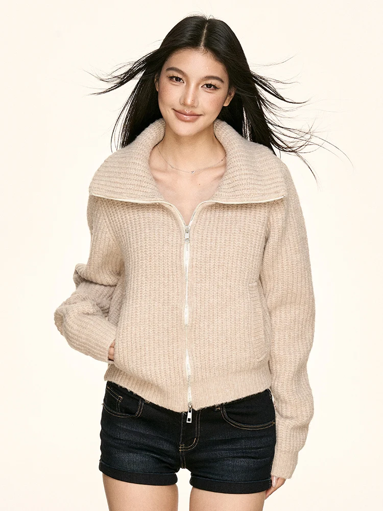 

Aaisup Американский ретро-кардиган на молнии с воротником, вязаный, свободный, уютный, мягкий, для женщин, осень-зима, модный свитер-жакет