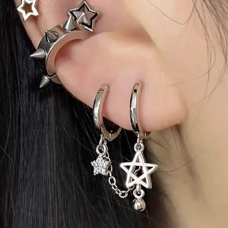 XINYI 1PCS Silver Color Star Chain Double Ear Hole Stainless Steel Ear Bone Nail Y2K Fashion Hottie Earrings for Women Jewelry