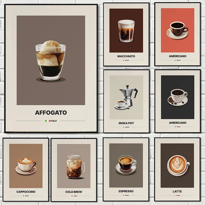 Minimalist Coffee Latte Cappuccino Mocha Coffee Canvas Print Coffee Shop Wall Art Poster Living Room Office Kitchen Home Decor