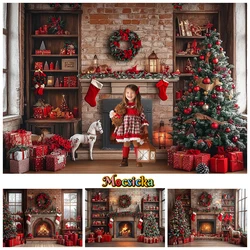 Mocsicka Christmas Backdrop Fireplace Gifts Snow Kid Tree Brick Wall Background Photography Shooting Home Room Decoration Studio