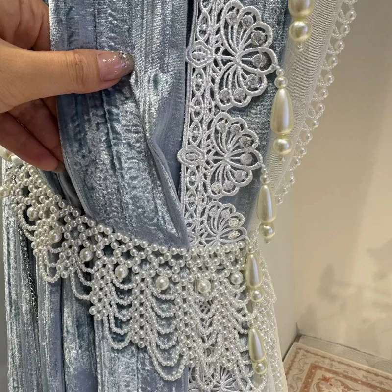 New Velvet Pressed Zou Pink Blue Nail Bead Curtains for Living Room Bedroom Blackout Curtains Customized Partition Curtains