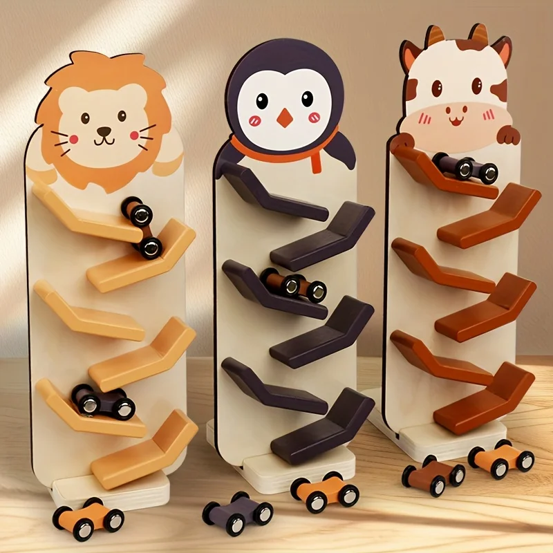 

Wooden Animal Slide Train Set, 6-Tier Quick-Slide Track with Cute Lion, Penguin, and Cow - Educational Toy for Visual Tracking
