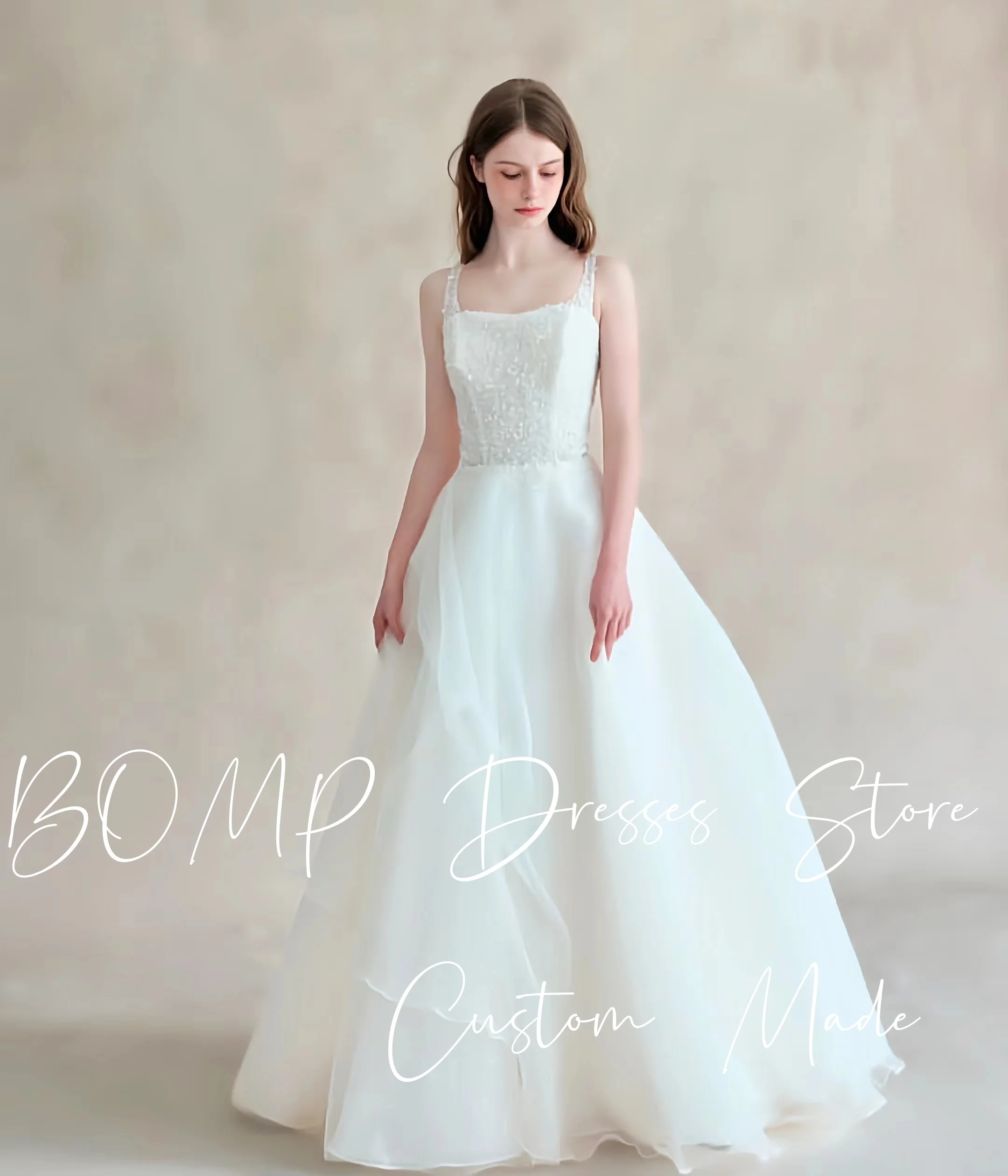 Bomp princesa arco cintas de espaguete vestido de casamento a linha miçangas marfim tule coreia sessão de fotos vestido de noiva personalizado elegante