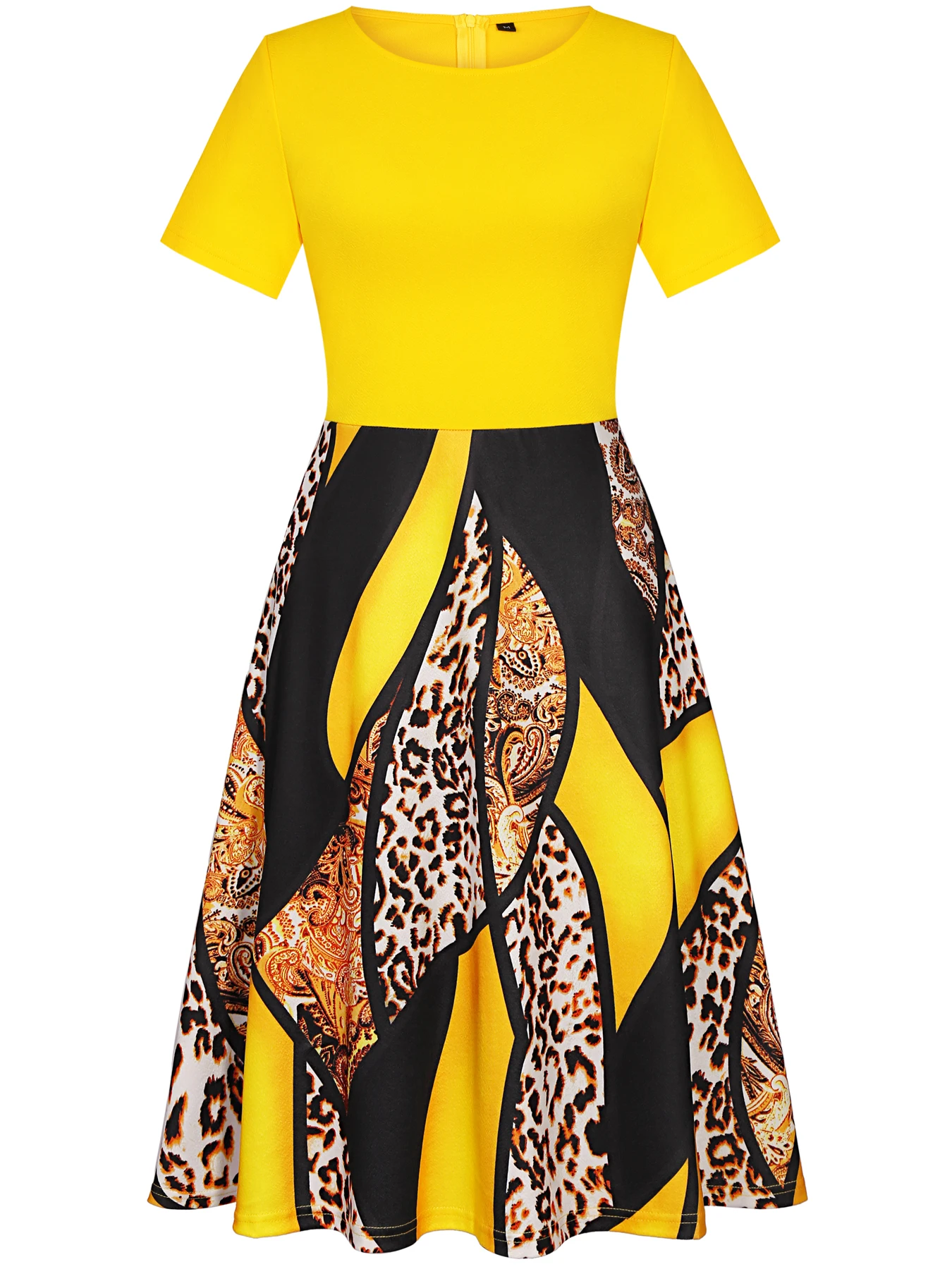 فستان نسائي أنيق بأكمام قصيرة وتصميم زهري للعمل والمكتب، فستان ميدي كاجوال للحفلات بقصة A-Line وتصميم مخصر وواسع من الأسفل