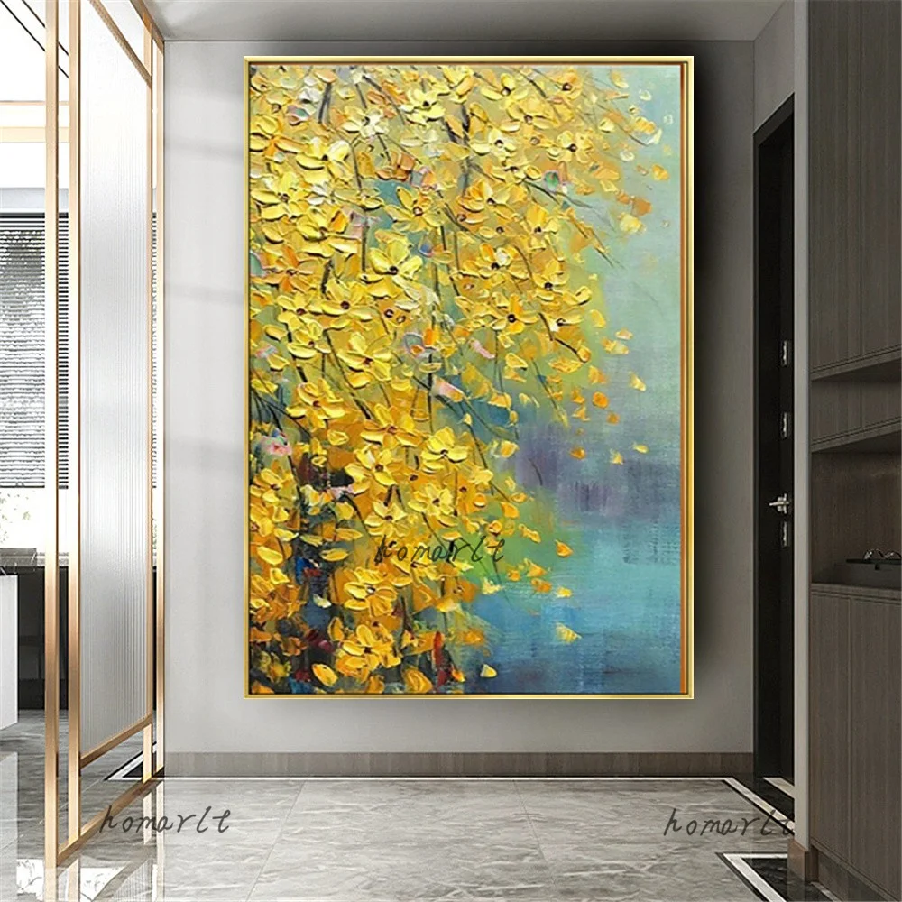 

100% Hand-Painted Knife Yellow Tree Oil Painting On Canvas Large Palette 3d Flowers Poster For Living Room Landscape Wall Art