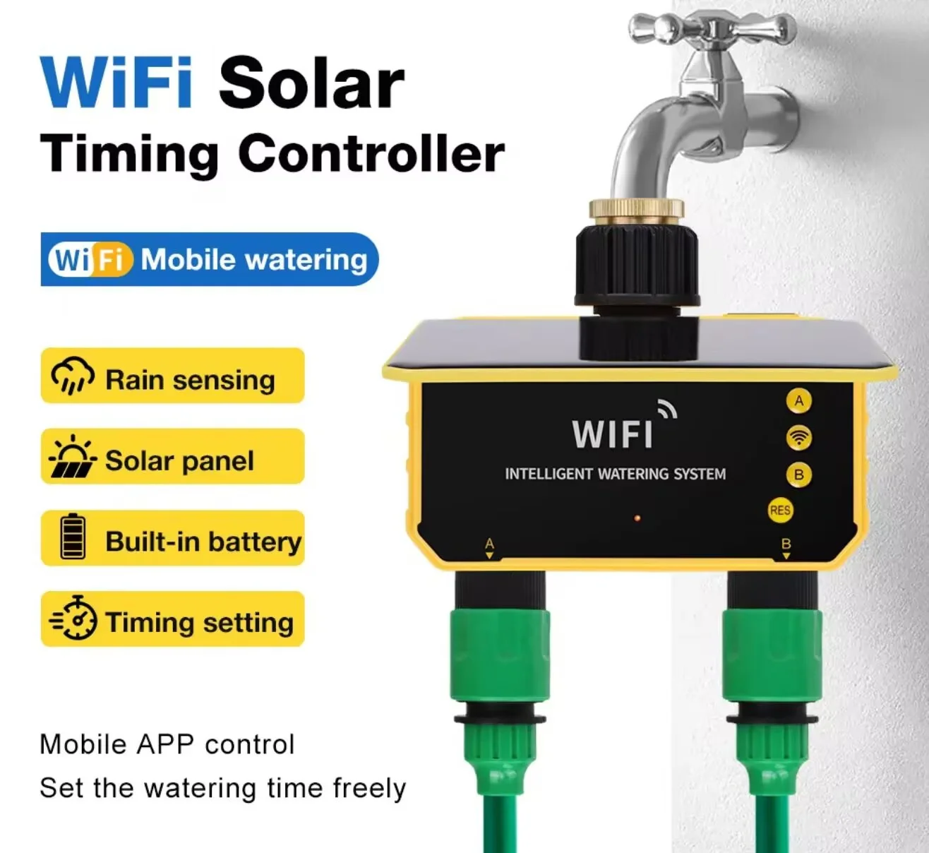 WiFi Solar Powered Irrigation Controller Dual Outlet Smart Water Valve Timer for Lawn Garden Pool Automatic Watering System