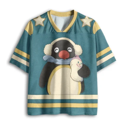 Cute Cartoon Penguin Print Mesh V Neck Short Sleeve Tshirt Men Summer Loose Streetwear Top