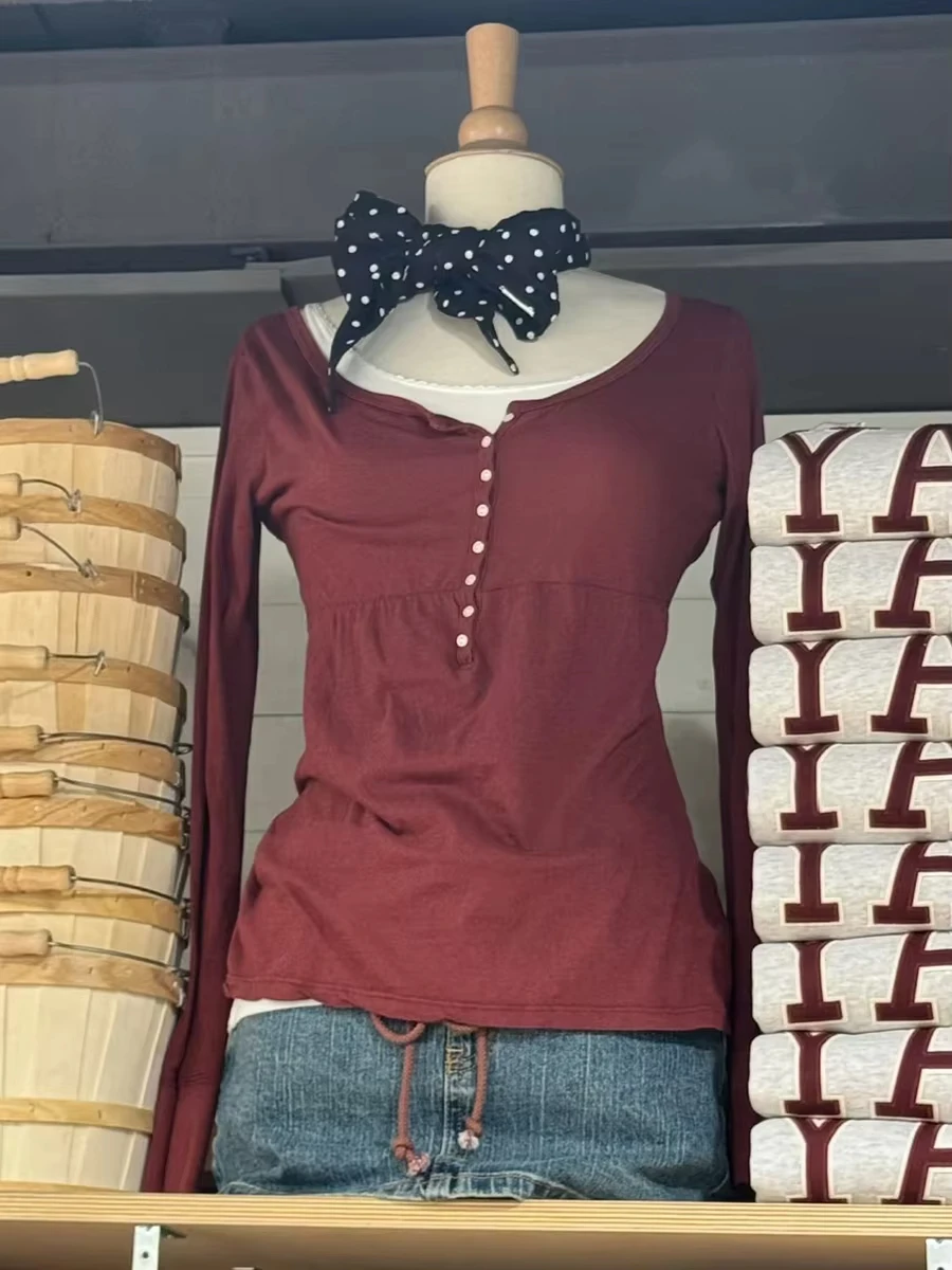 

Buttons Burgundy Long Sleeve T-shirts Woman Spring O-neck A-line Cotton Tee Tops Female Casual Simple All-match Tshirt