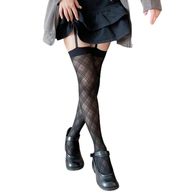 Women Garter Belt with Attached Stockings Diamond Rhombus Print Suspender Tights