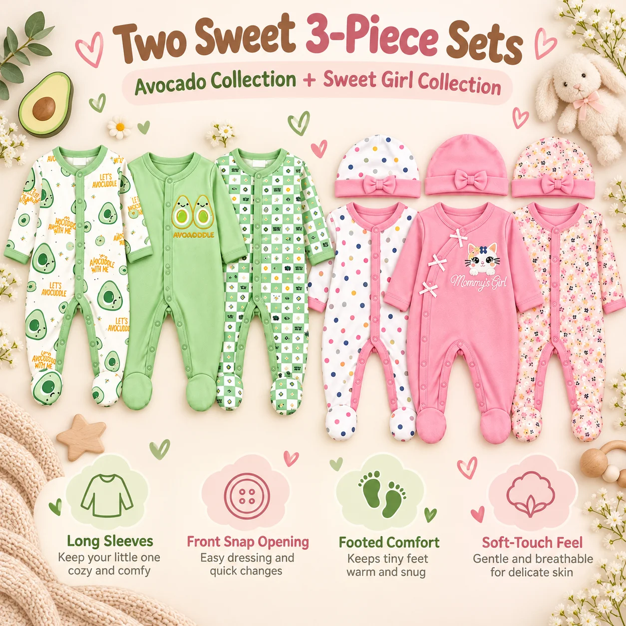 6Pcs Baby Footed Rompers Set Long Sleeve Infant Onesies Avocado and Pink Floral Print Newborn Baby Clothes