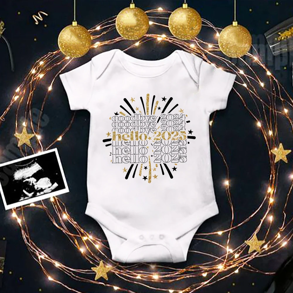 Goodbye 2024 Hello 2025 Print Baby Romper New Years Day Short Sleeve Infant Jumpsuit Round Neck Newborn Bodysuit Clothes