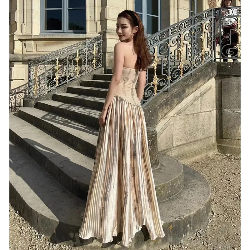 Romantic Atmosphere Stitching Pleated Tube Top Dress Female Sense Graceful Skirt