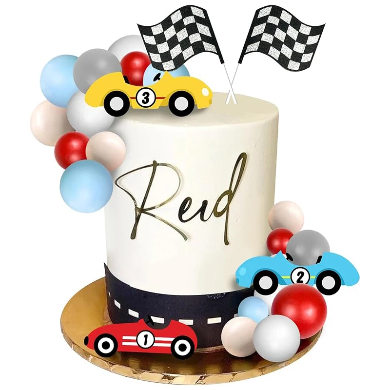 1set Racing Cake Topper  Race Car Red Blue Balls Birthday Cake Decor for Baby Shower FAST ONE Birthday Party Cupcake Supplies