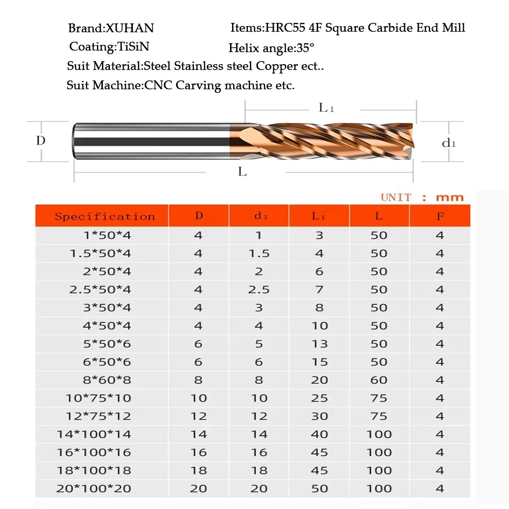 10pcs HRC55 Carbide End Mill 5 6 8 10 12mm 4Flutes Milling Cutter Alloy Coating Tungsten Steel Cutting Tool CNC maching Endmills