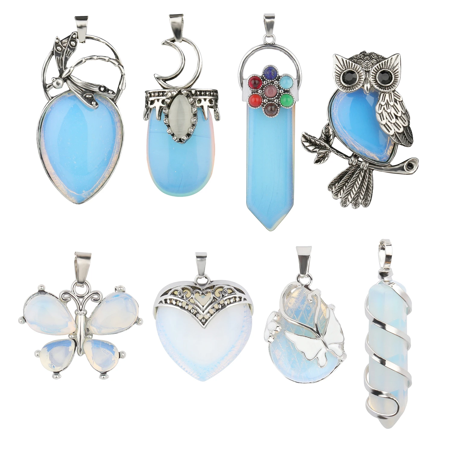 12 Arten weißer Opal Naturstein Anhänger mit Kette Display Box Herz Wasser tropfen Form Anhänger fit für Frauen Schmuck Halskette