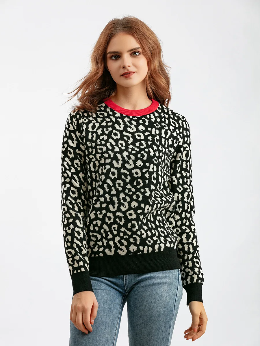 HLBCBG-Pullover lavorato a maglia leopardato spesso da donna, manica lunga, colore a contrasto, maglioni girocollo, caldo, autunno, inverno