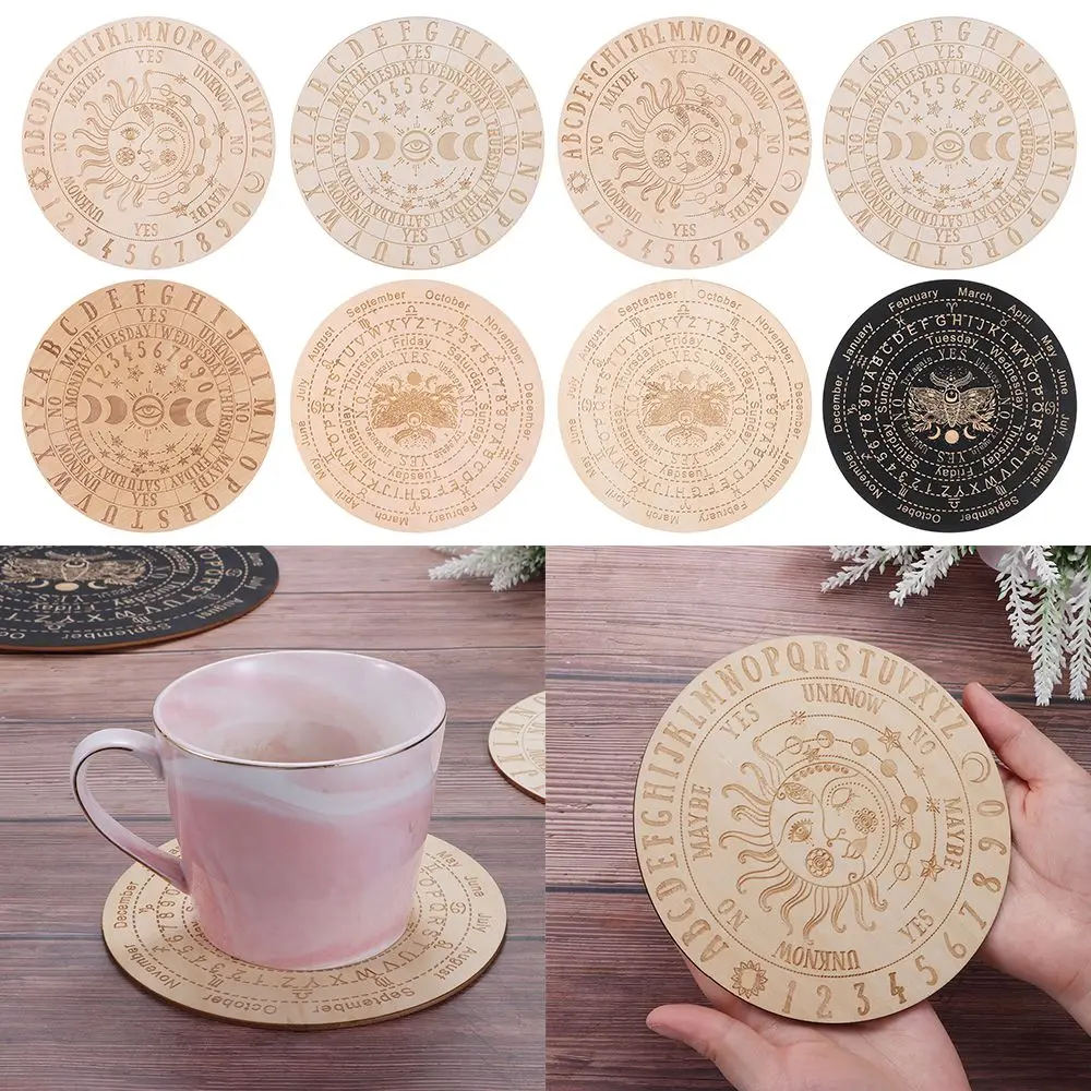 Crystal Hexagonal Pointed with Stars Sun and Moon Cat Pattern Slice Wood Base Black White Color Wooden Pendulum Board