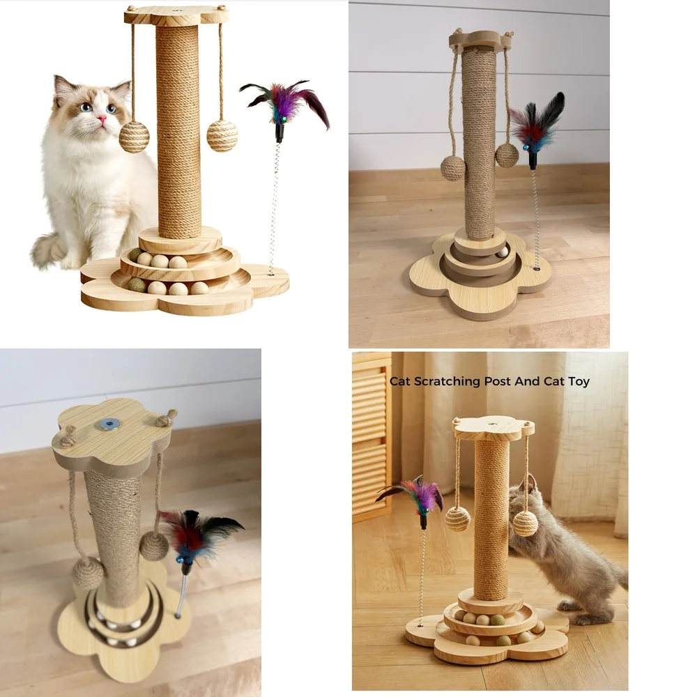

Cat Scratcher 4 in 1 Wooden Cat Scratching Post 18 Inch Tall Scratch Pad Toy for Cats Kitten Exercise Climbing Play Center