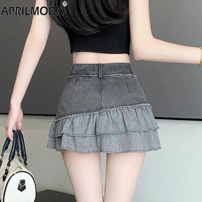 Rok pendek perca pinggang tinggi wanita celana pendek imut Korea Distressed 2024 hitam Ruffle Vintage Denim rok lipit Mini musim panas