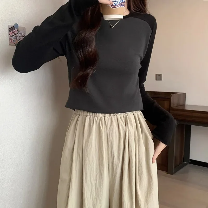 Round Collar Front Shoulder Long Sleeve Splicing Slim Fit Non revealing Waist T-shirt Autumn Elastic Base Shirt Top for Women