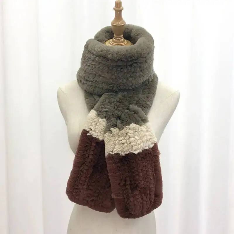 

Шарф из кроличьего меха, женский меховой шарф, длинные вязаные шарфы из меха кролика рекс, шаль, зимняя мода, утолщенный теплый меховой шарф для женщин
