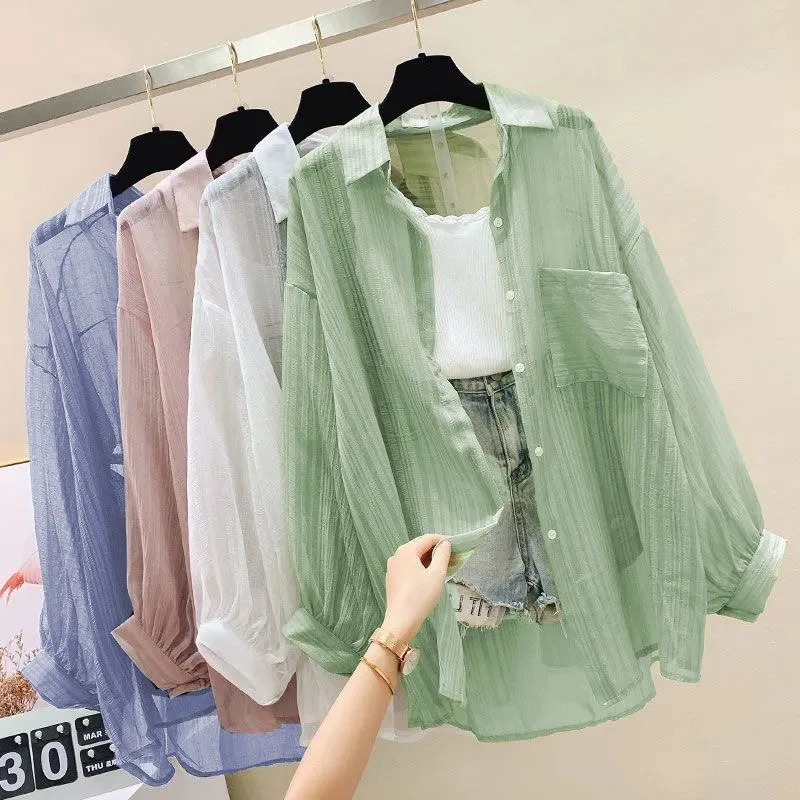 Summer New Chiffon Sun Protection Shirt Women\'s Thin Anti-uv Long Sleeves Beach Cover-up Solid Color Loose Blouse For Ladies