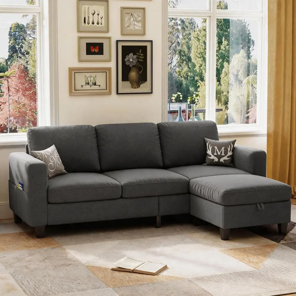

Sectional Sofa Couches for Living Room, Dark Grey Convertible L Shaped Couch with Storage Ottoman, Deep Seat PetFriendly Linen