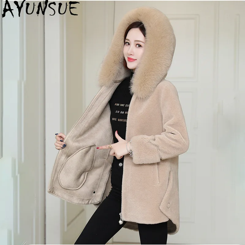 AYUNSUE 100% laine manteau 2025 vestes d'hiver pour femmes mouton cisaillement manteaux femme Composite fourrure intégré chaud col de fourrure de renard