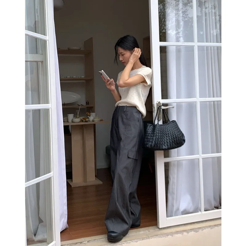 Suit Pants Women's Spring Korean Version of High Waist Wide Leg Loose Cotton Nine-minute Pants