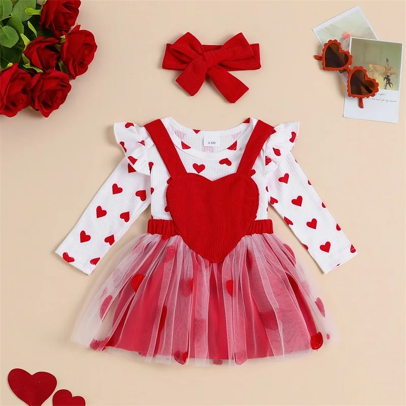 

Toddler Girl Valentine s Day Apparel Heart Pattern Crew Neck Long Sleeve Jumpsuit Overalls Headband 3-Piece Clothing Set for