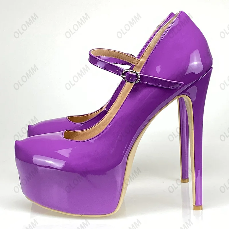 أولوم اليدوية للنساء مضخات لامعة حزام مشبك كعب خنجر جولة اصبع القدم رائع أحمر أصفر أزرق أرجواني حزب أحذية الولايات المتحدة حجم 5-20 #3