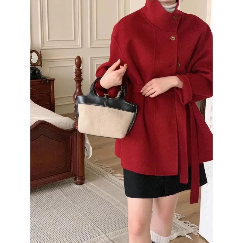 Autumn Winter New Korean Version Double-sided Solid Color Loose Wool Coat 2026 Standing Collar Women's Mid Length Wool Coat