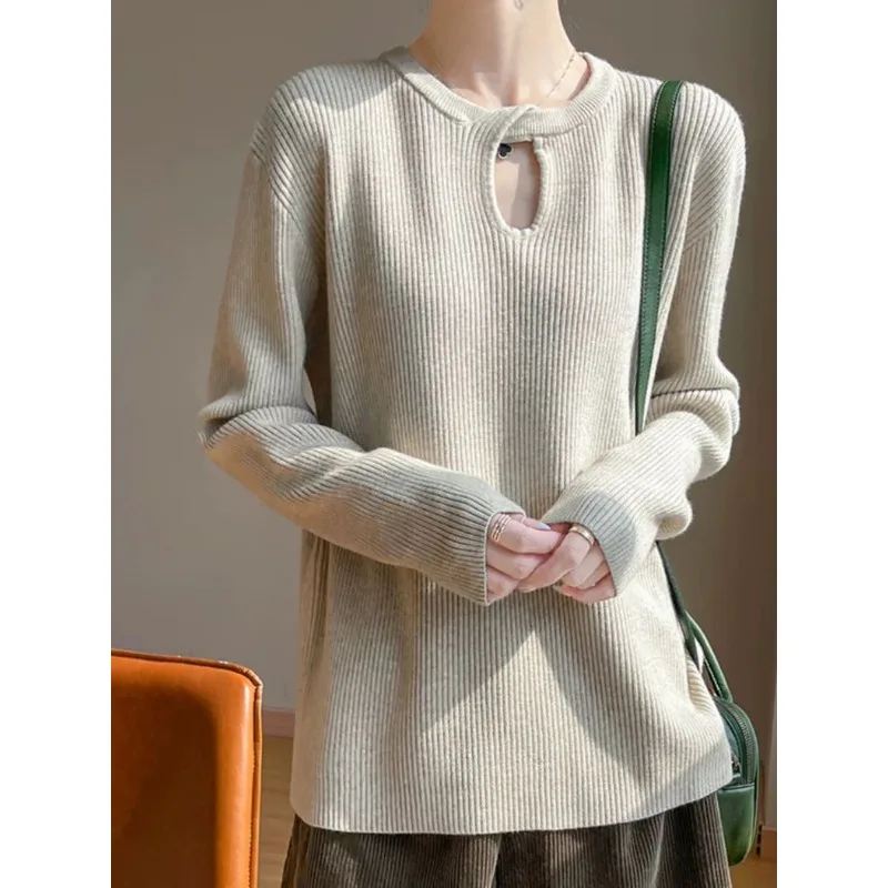 

Повседневный свободный свитер с круглым вырезом и длинными рукавами, свободный вязаный свитер, элегантный универсальный пуловер для женщин