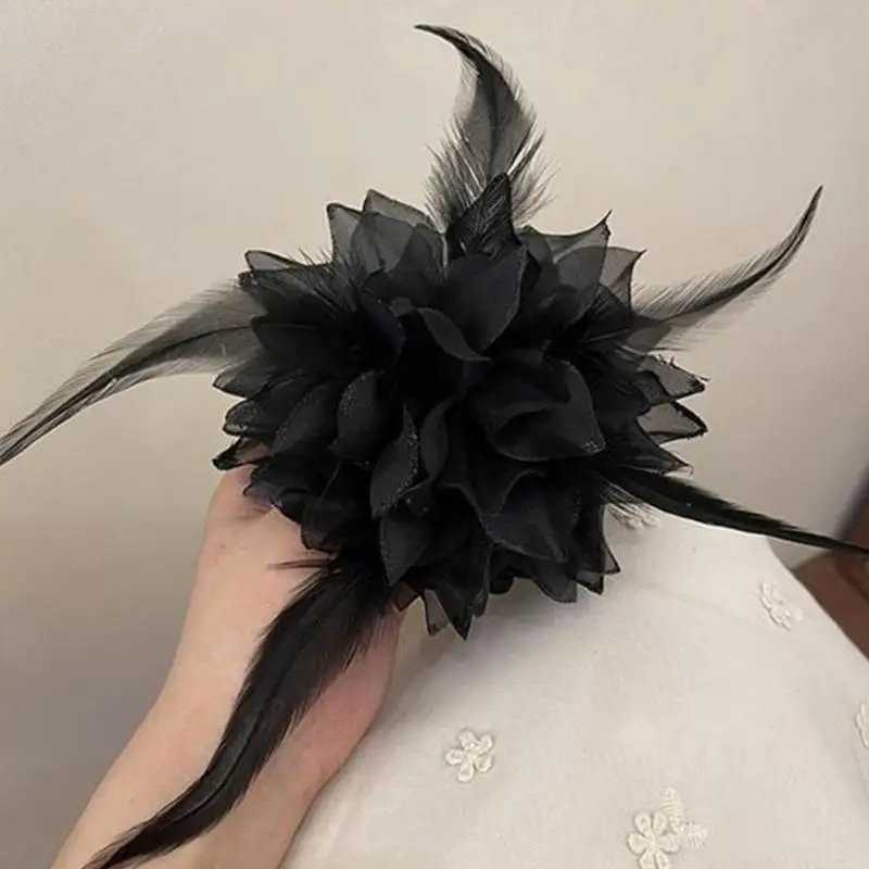 39BD Große, flauschige Blumen-Haargummis, Feder-Haargummi, Kopfbedeckung, elastisches Haarseil – Detail 7