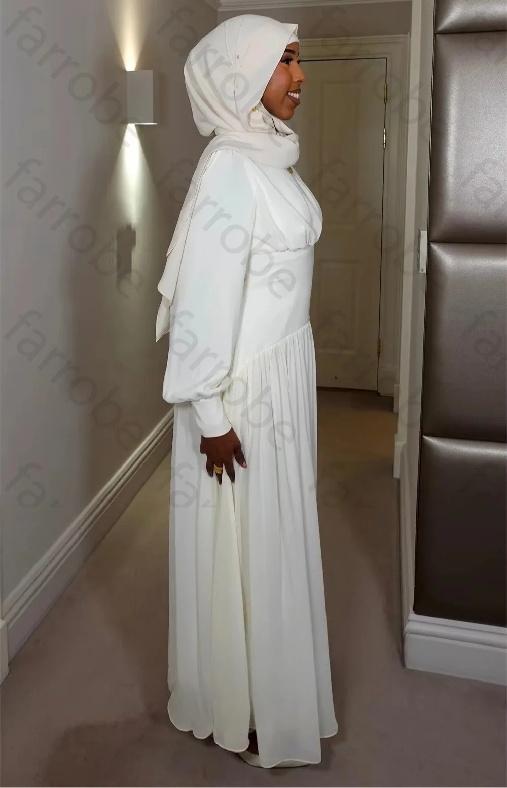 Customized High Neck A Line Floor Length Chiffon Muslim Wedding Dress Long Lantern Sleeve Pleated Skirt Modest Bridal Gowns