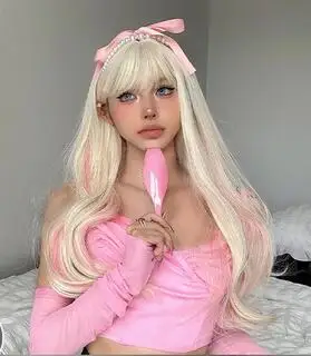 

Synthetic Long Wavy Blonde Mixed Pink Wigs with Bangs for White Women Lolita Cosplay Halloween Wig Hair High Temperature Fiber