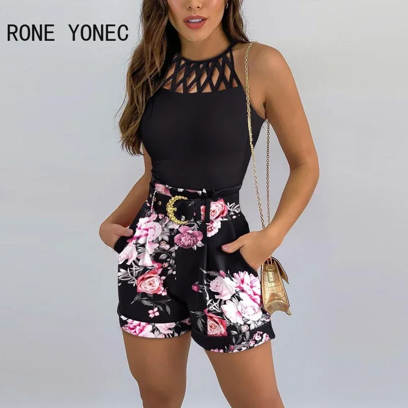 Women Casual Halter All Over Print Bottom & Solid Top Sleeveless with Belt Hollow Out Summer Bodycon Short Sets