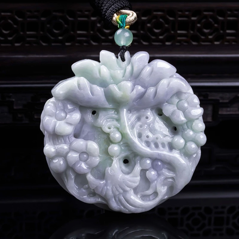 Natural A-grade Burmese Jade Thickened Hand-carved Flower Bird Jade High Ice Necklace Pendant Exquisite Fashion Accessories Gift