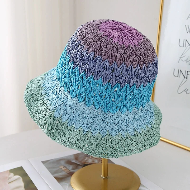 Dopamine-Colored Gradient Women's Woven Straw Hat, Breathable, Beach Vacation Sun Hat, Face-Slimming Boater Hat