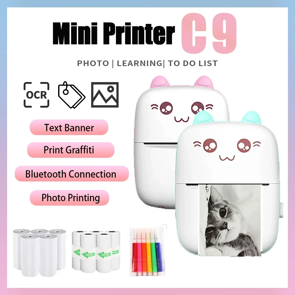 203dpi Portable Mini Printer C9 Label Memo Printing USB Cable Sticker BT Wireless Inkless Self-adhesive Thermal Imprimante