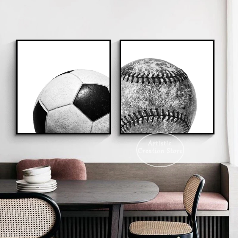 Vintage Black and White Sports Poster Ball Movement Prints Canvas Painting for Your Man Cave Boys Room Nursery Room Decoration