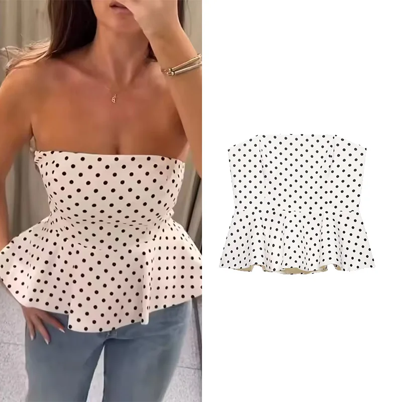 Women's Peplum Top Spring New 2026 Summer Backless Women Polka Dot Bandeau Camisole Top Peplum Hem Side Zipper Female Tops