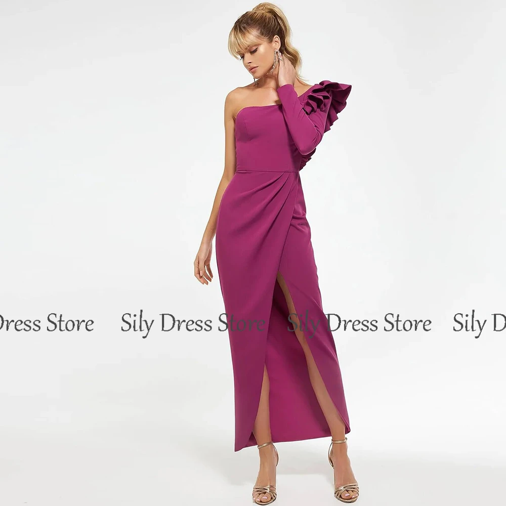 2024 Purple Evening Gowns For Women Jersey Sheath/Column Elegant Party Dress One-shoulder Ruffles Split Pleat Prom Gown Midi